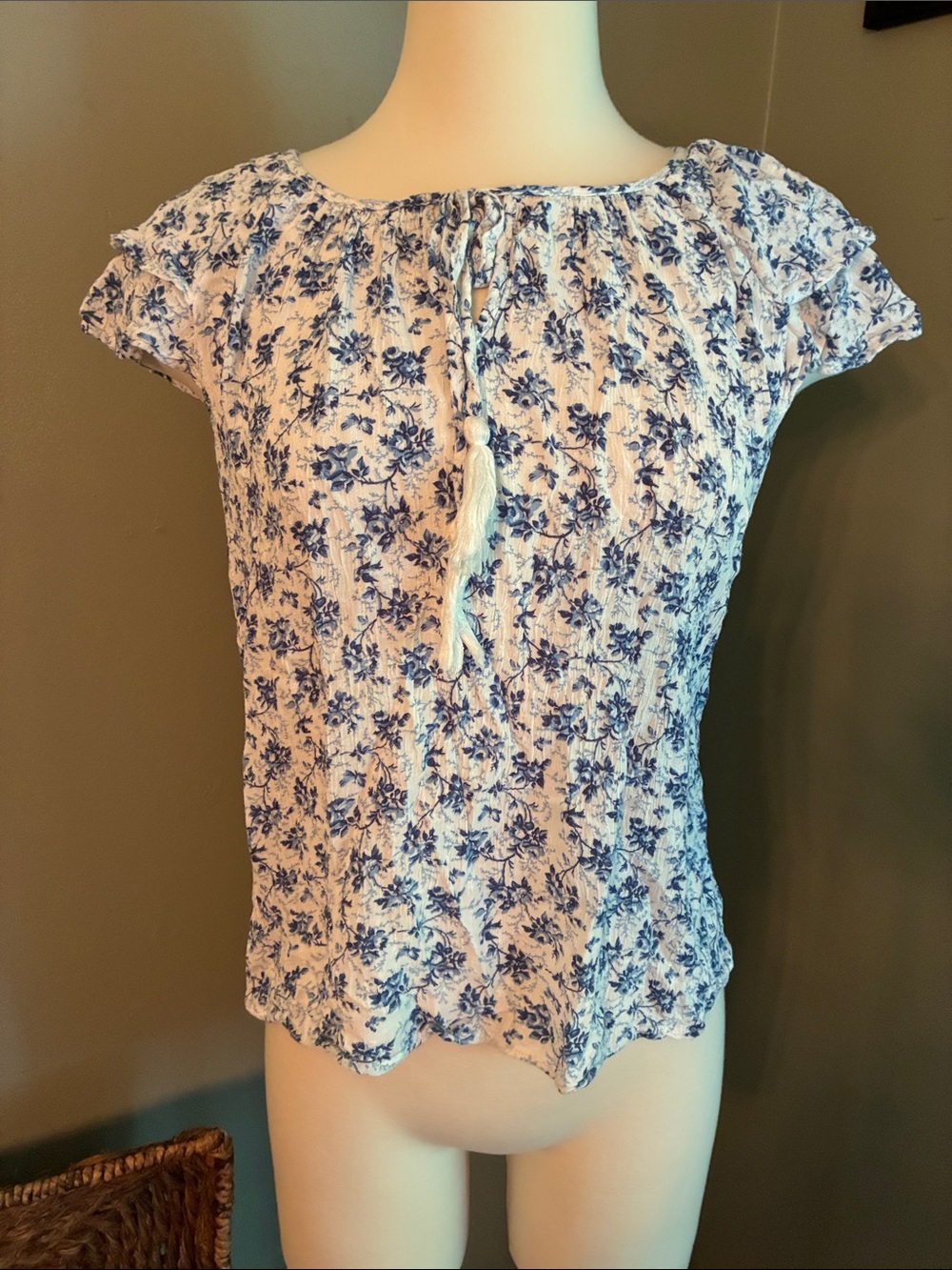 Cynthia Rowley White Top with Blue Floral Print and Tassel
